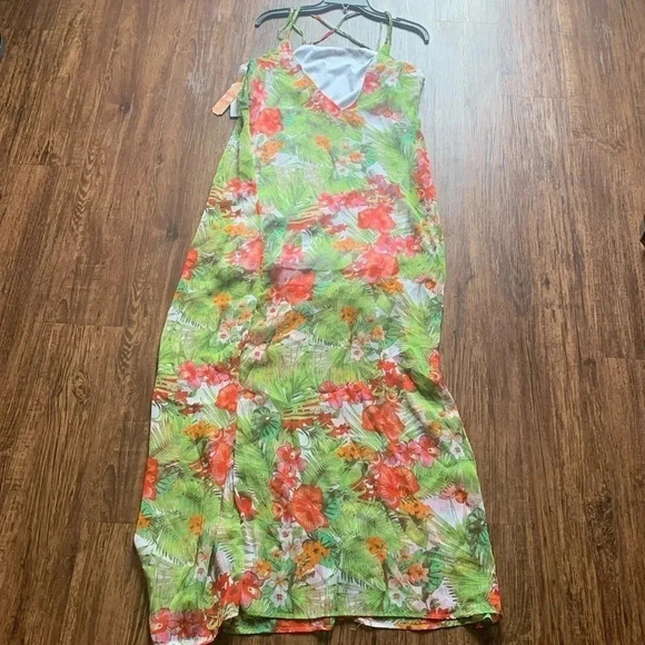 Gianni Bini V-Neck Sleeveless Floral Maxi Dress Tangerine Green Print Small NWT - Picture 1 of 9